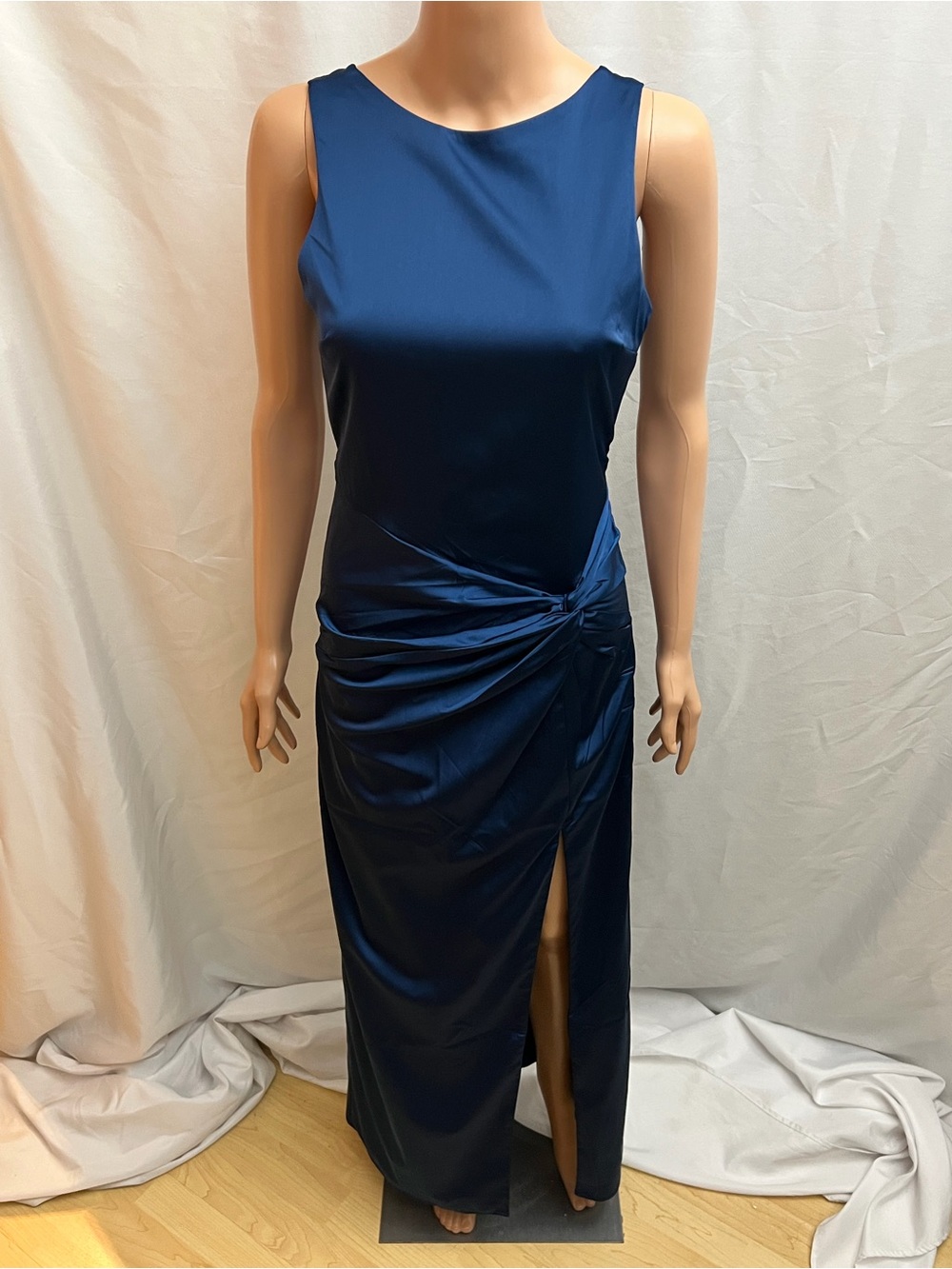 Abercrombie & Fitch Navy Satin Maxi Dress Open Back Ruched Slit Size S Tall